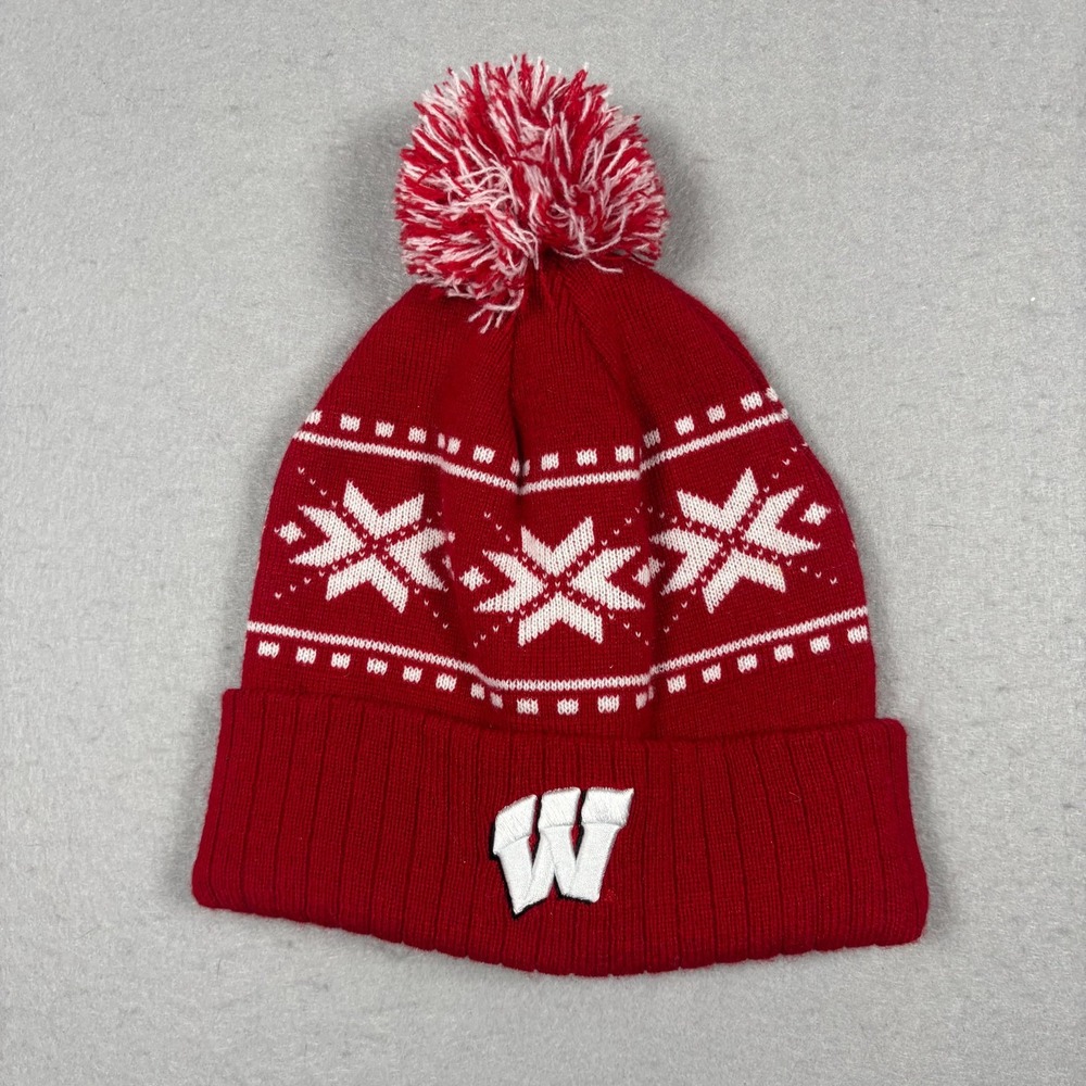 Wisconsin Badgers NCAA Cuffed Beanie Hat Pom Pom Red White Snowflake Knit Cap